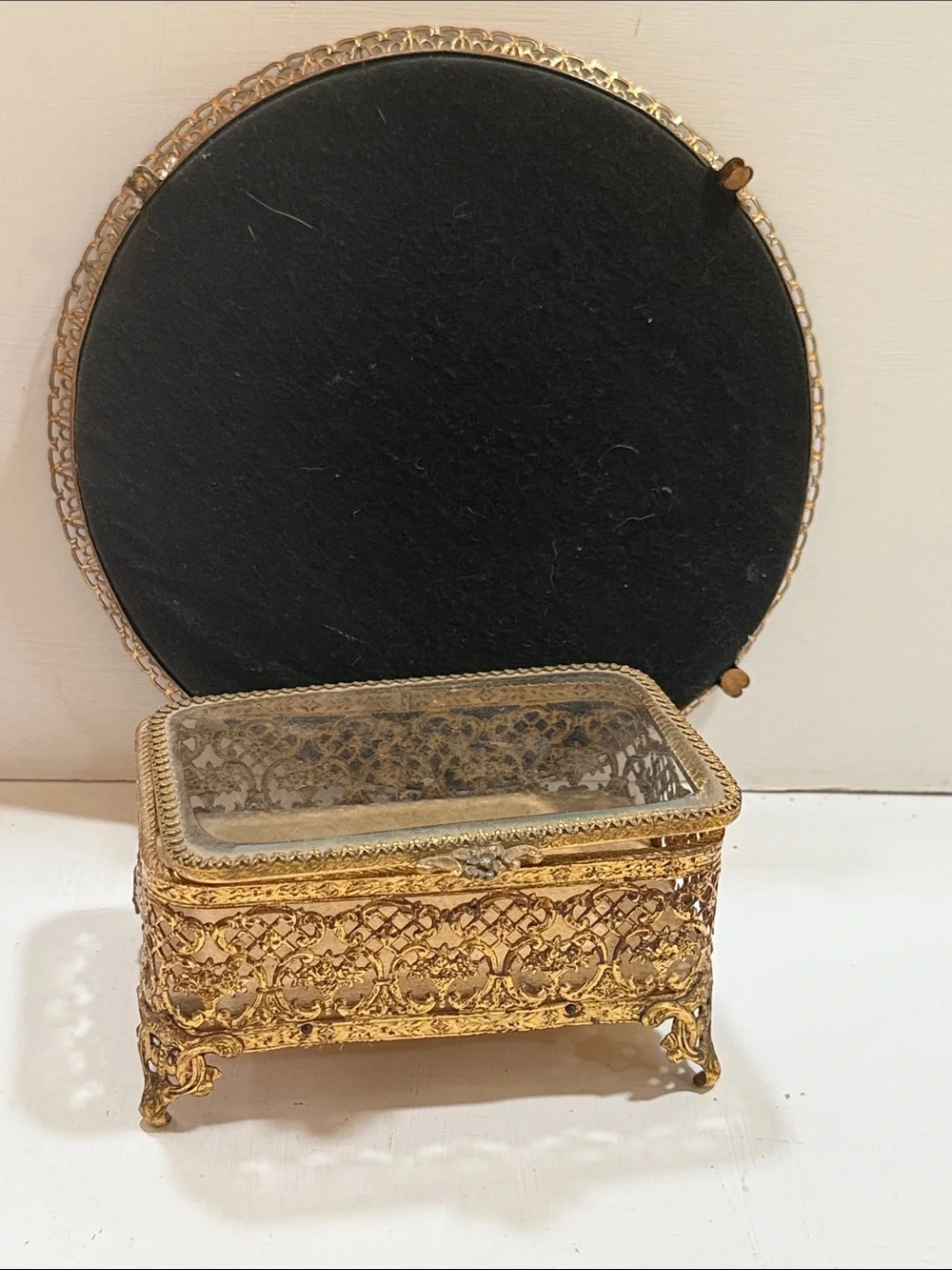 Vintage Ormolu Ornate Gold Brass Glass Jewelry Trinket Box & Round Mirrored Tray